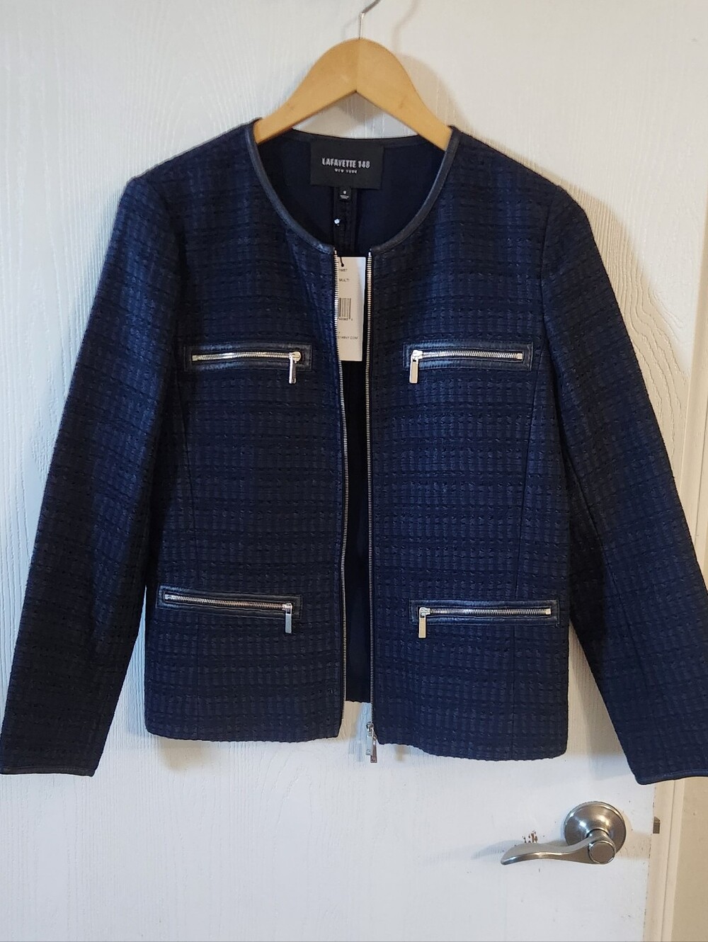Lafayette 148 New York Navy Tweed Zip-Detail Jacket - Picture 4 of 10